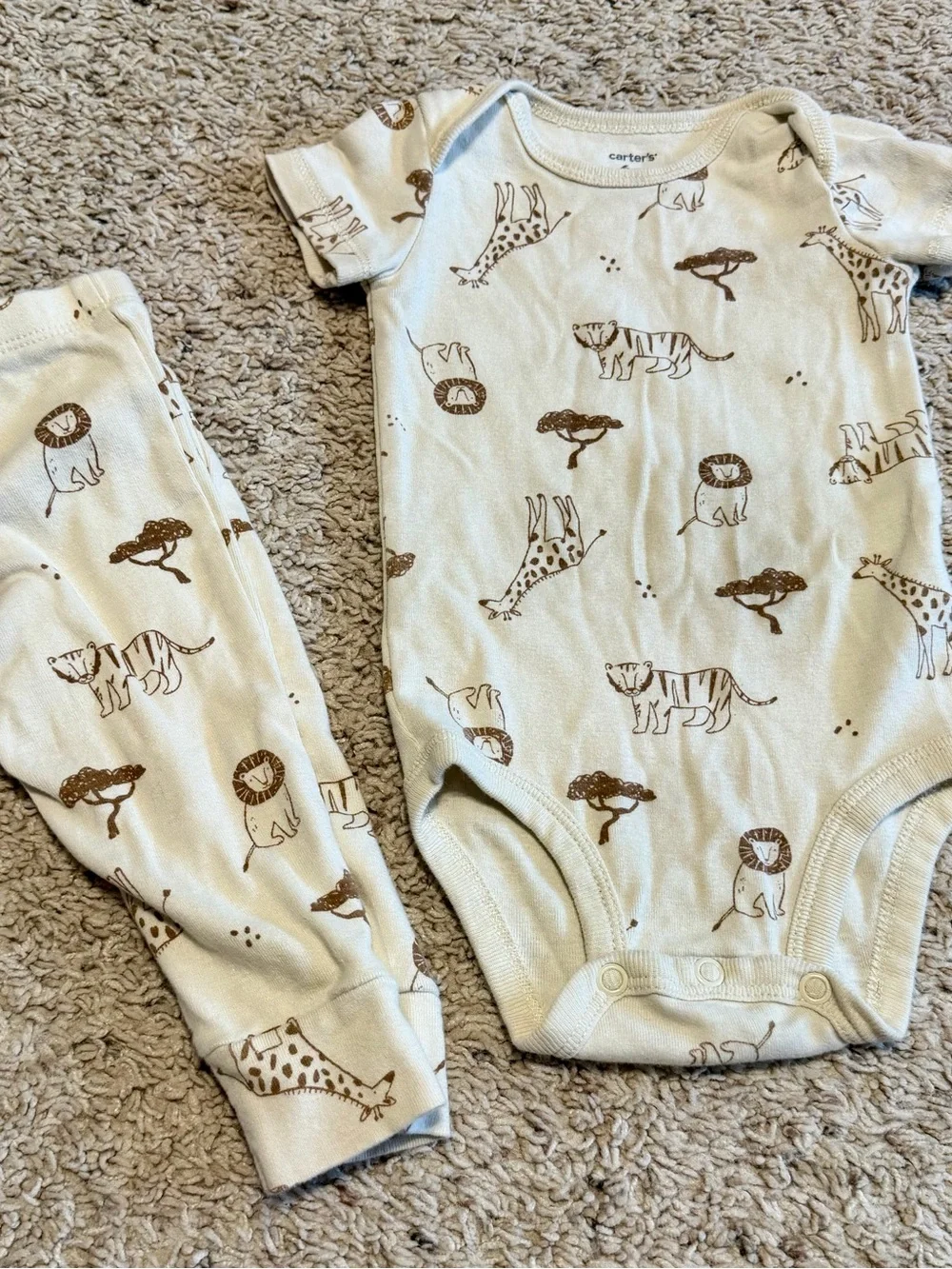 Carter's Cream Bodysuit and Pants with Brown Safari Animals